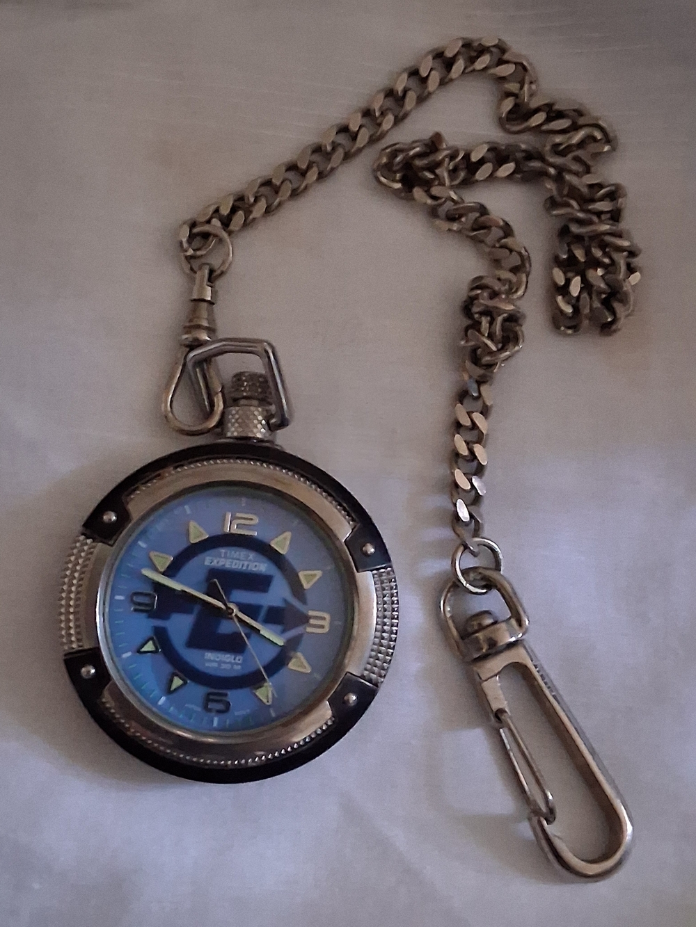 Timex Expedition Pocket Watch with Blue Dial and Silver Chain